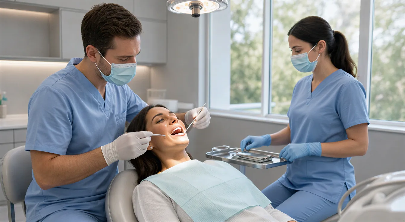 Ein Patient liegt entspannt im modernen Behandlungsstuhl, während Zahnarzt und Assistentin konzentriert arbeiten.