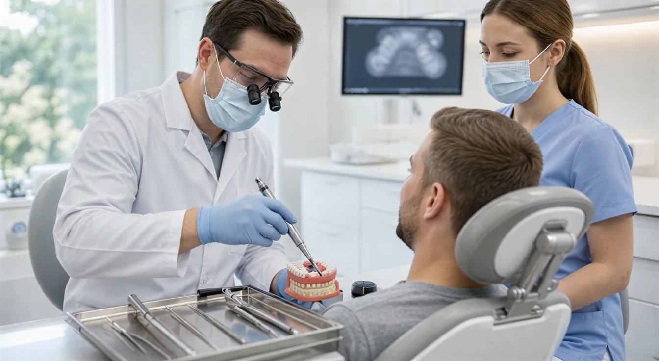 Zahnarzt und Assistentin behandeln einen Patienten in einem modernen, hellen Behandlungszimmer.