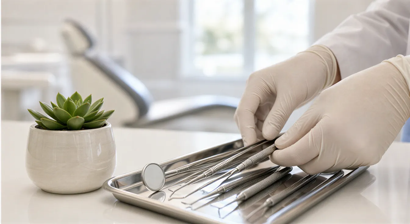 Eine Zahnärztin hält mit behandschuhten Händen sterile Instrumente auf einem Tablett neben einer Sukkulente.