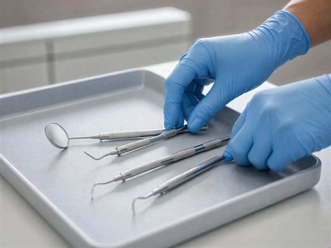Zahnarzt-Hände in blauen Handschuhen ordnen sterile Instrumente auf einer Keramikschale an.