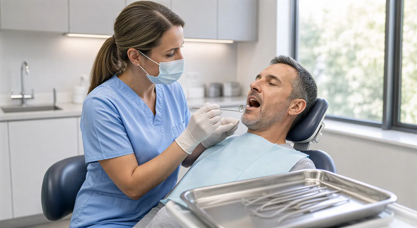 Eine Zahnärztin untersucht einen Patienten in einem sauberen, modernen Behandlungszimmer mit Tageslicht.