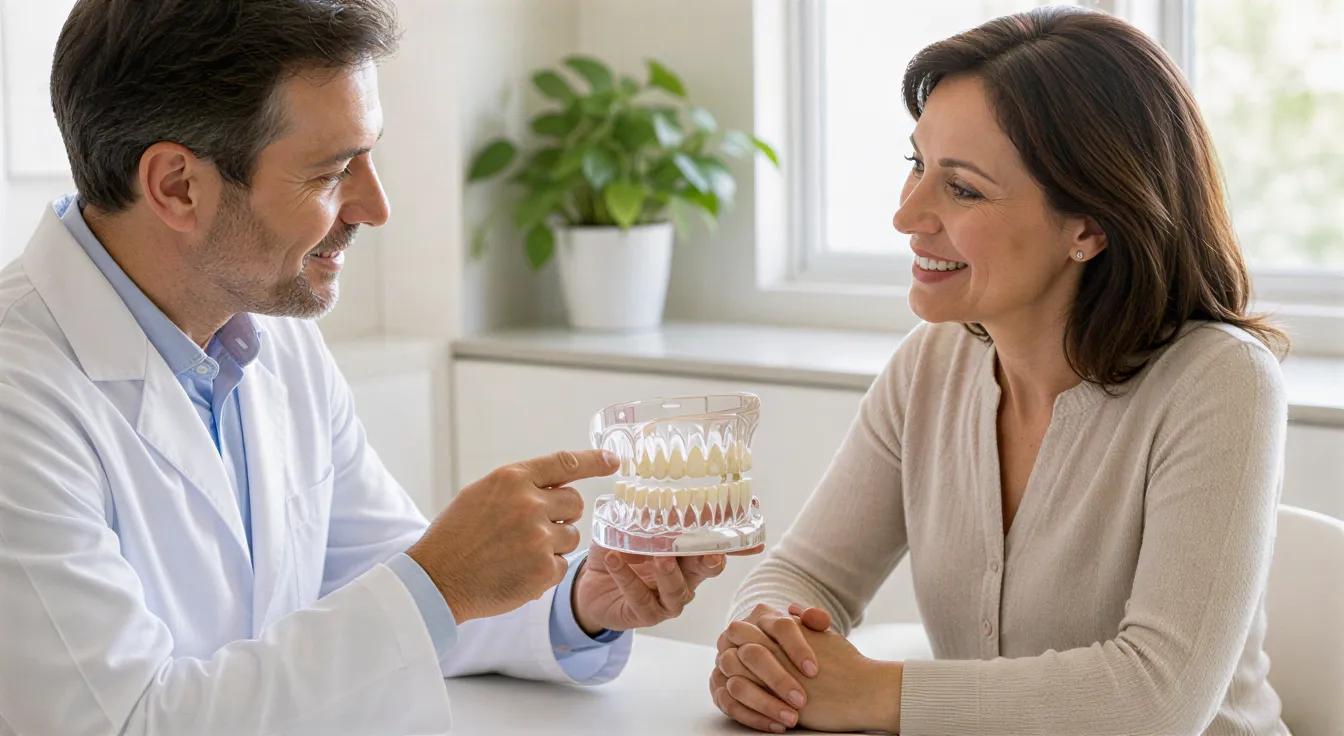 Eine Zahnärztin zeigt einer Patientin ein 3D-gedrucktes Kiefermodell in einem hellen, modernen Behandlungszimmer.