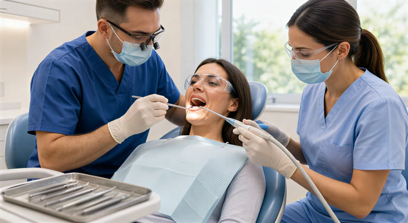 Ein Zahnarzt und eine Dentalhygienikerin führen eine professionelle Zahnreinigung bei einem Patienten durch.