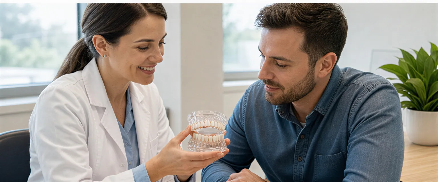 Eine Zahnärztin zeigt einem Patienten ein detailliertes 3D-Modell seiner Zähne in einem hellen Behandlungsraum.