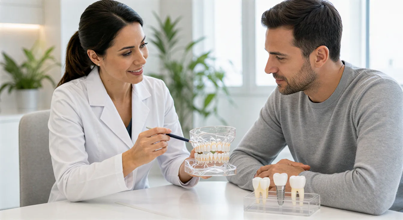 Eine Zahnärztin erklärt einem Patienten anhand eines transparenten Kiefermodells eine Zahnbehandlung in einer modernen