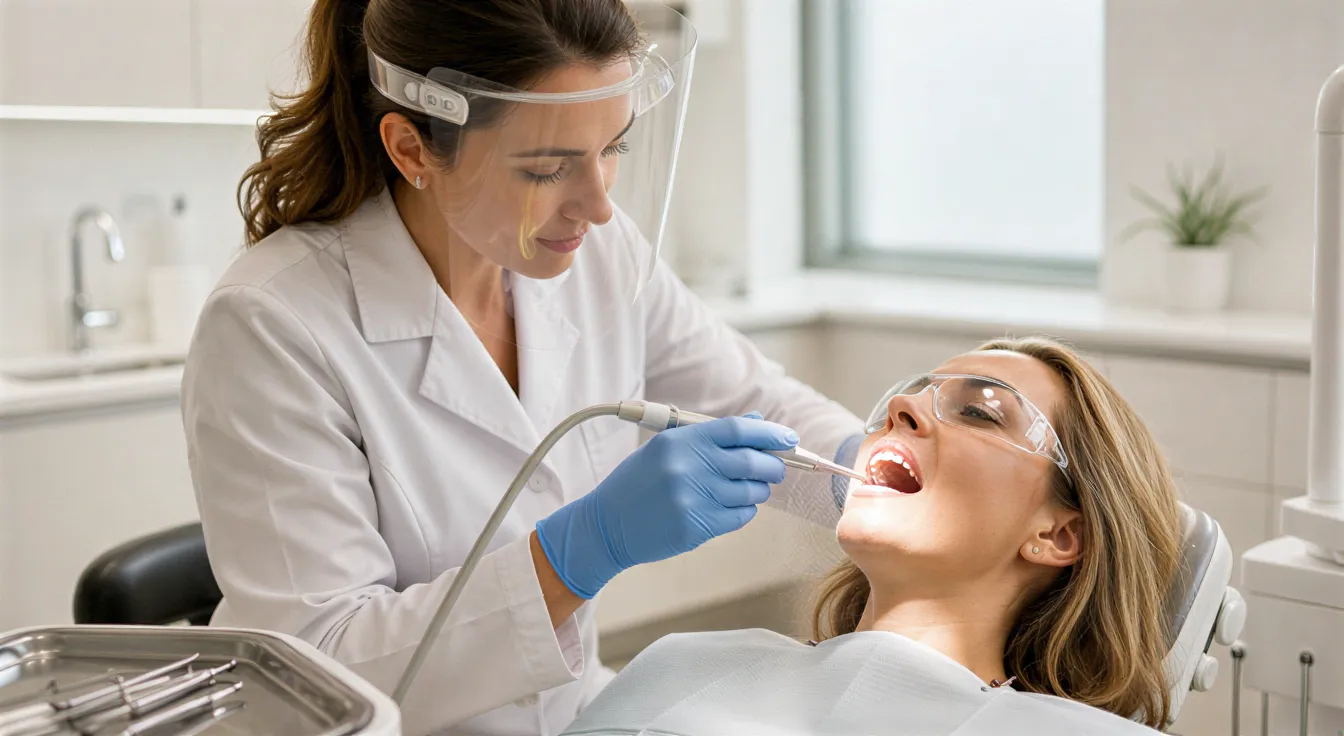 Eine Zahnärztin führt mit einem Ultraschallscaler eine professionelle Zahnreinigung an einem Patienten durch.