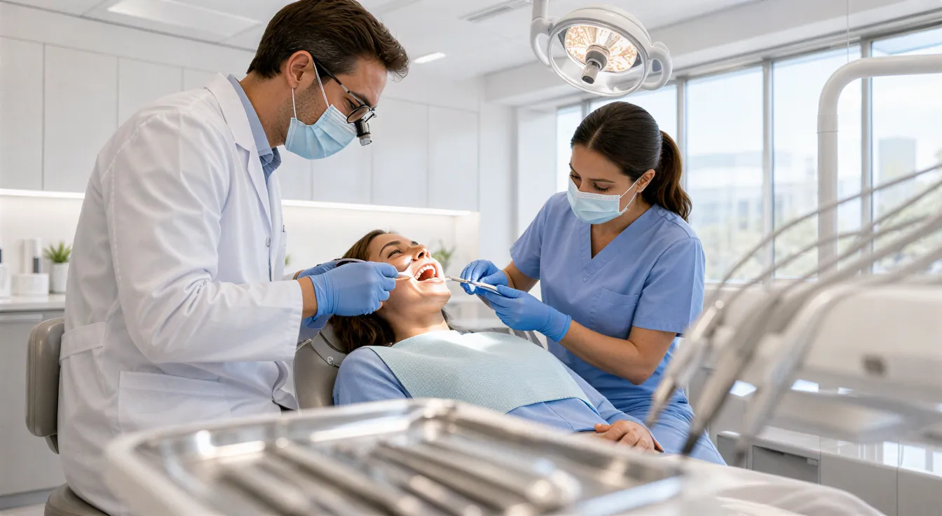 Eine Patientin liegt entspannt im Zahnarztstuhl, während Zahnarzt und Assistentin sie behandeln.