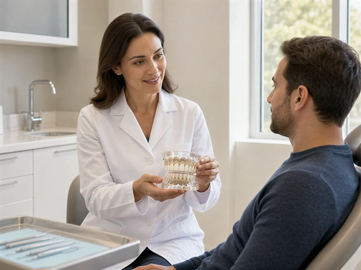 Eine Zahnärztin erklärt einem Patienten ein Zahnmodell in einem modernen Behandlungsraum.