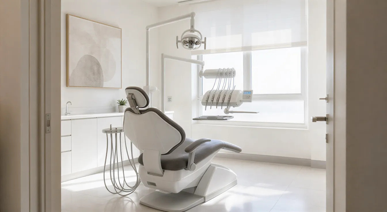 Ein moderner, heller Zahnarztbehandlungsraum mit einem leeren Patienten-Stuhl und einem schlichten Behandlungseinheit.