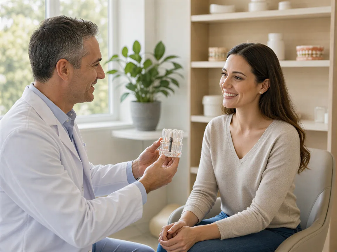 Ein Zahnarzt erklärt einem Patienten anhand eines Implantatmodells den Eingriff in einem hellen Behandlungsraum.