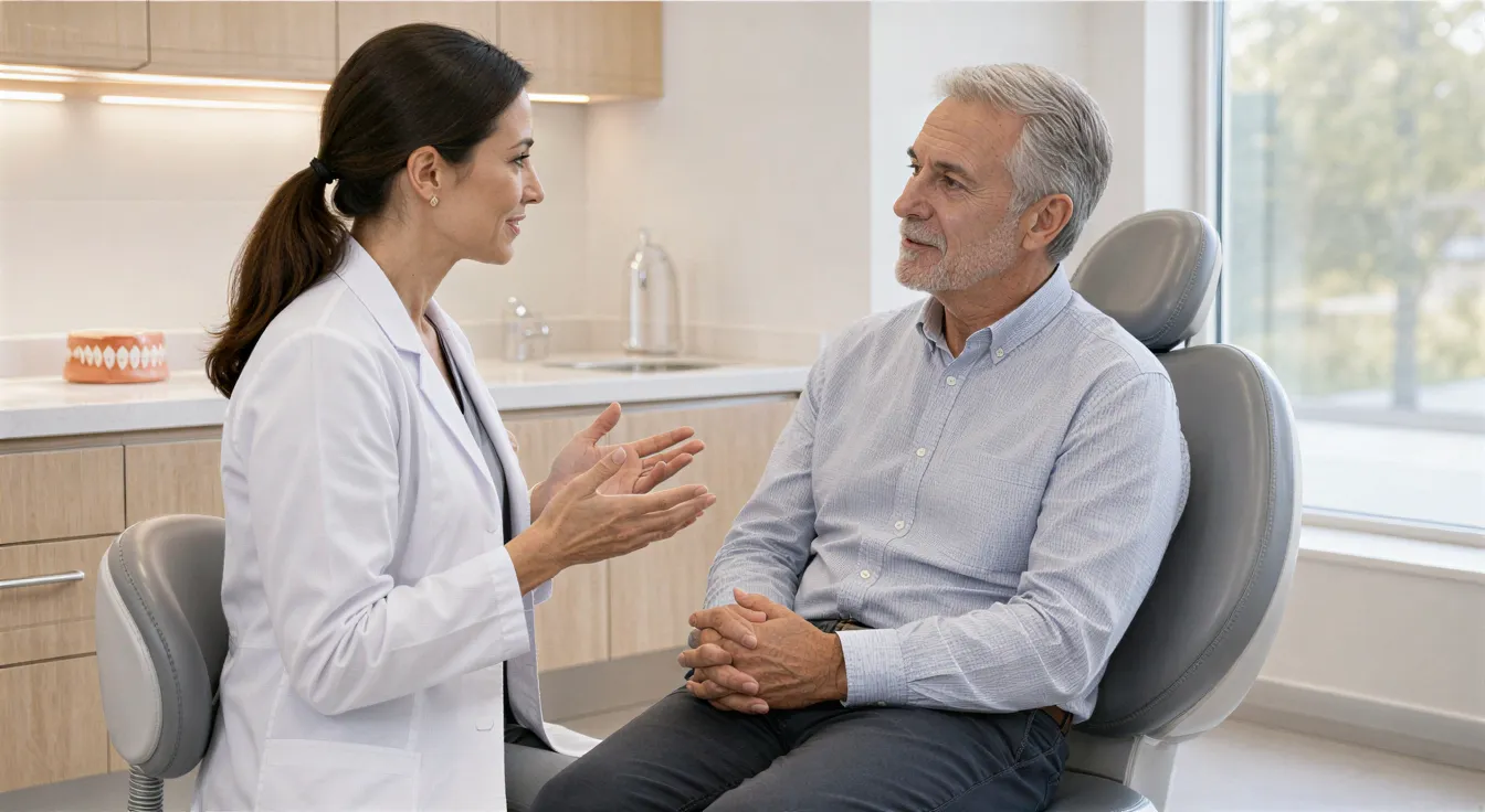 Eine Zahnärztin erklärt einem älteren Patienten in einem modernen Behandlungszimmer ruhig einen Behandlungsplan.