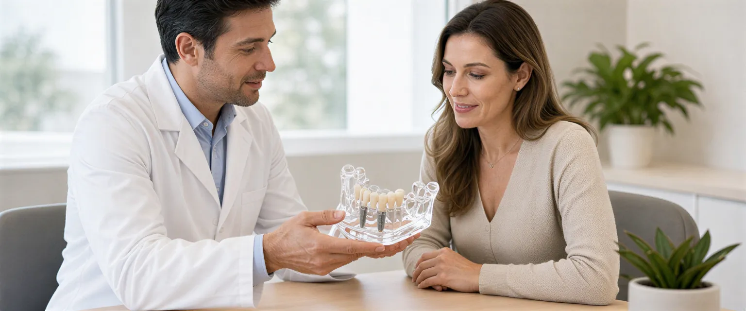 Ein Zahnarzt zeigt einer Patientin ein 3D-gedrucktes Kiefermodell in einem modernen, hellen Behandlungsraum.