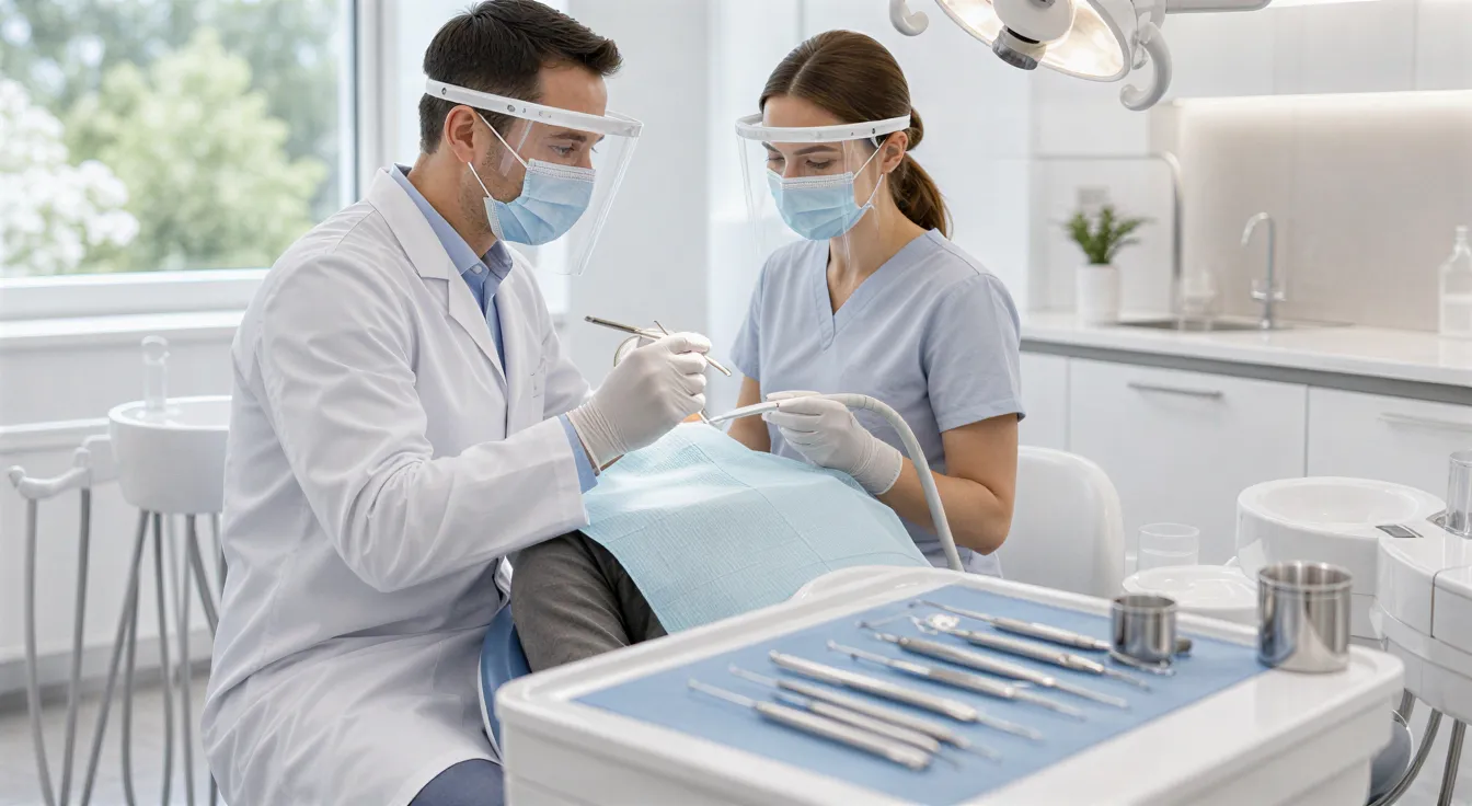 Zahnarzt und Assistentin behandeln einen Patienten in einem modernen, sauberen Behandlungszimmer.
