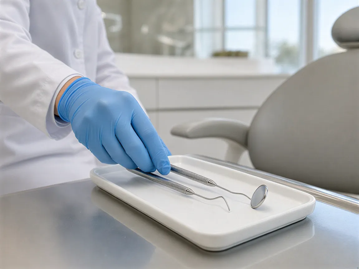 Ein Zahnarzt legt sterilisierte Instrumente auf ein Tablett neben einem modernen Behandlungsstuhl.