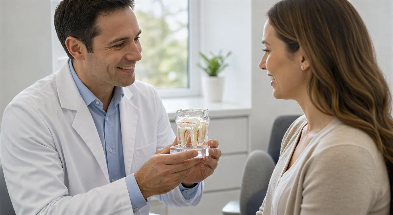 Eine Zahnärztin zeigt einem Patienten ein transparentes Zahnmodell in einem modernen Behandlungsraum.