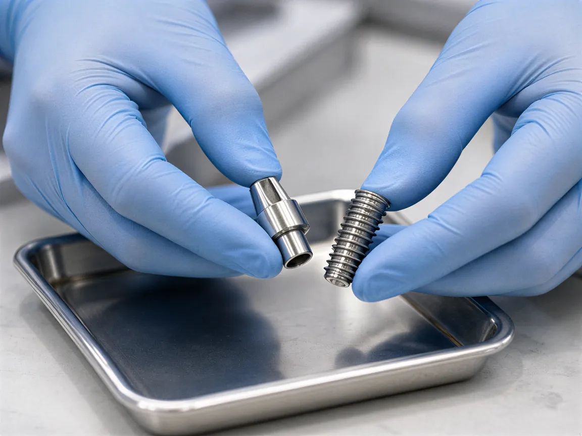 Zahnarzt-Hände in blauen Handschuhen halten sterile Zahnimplantat-Komponenten auf einem Metalltablett.