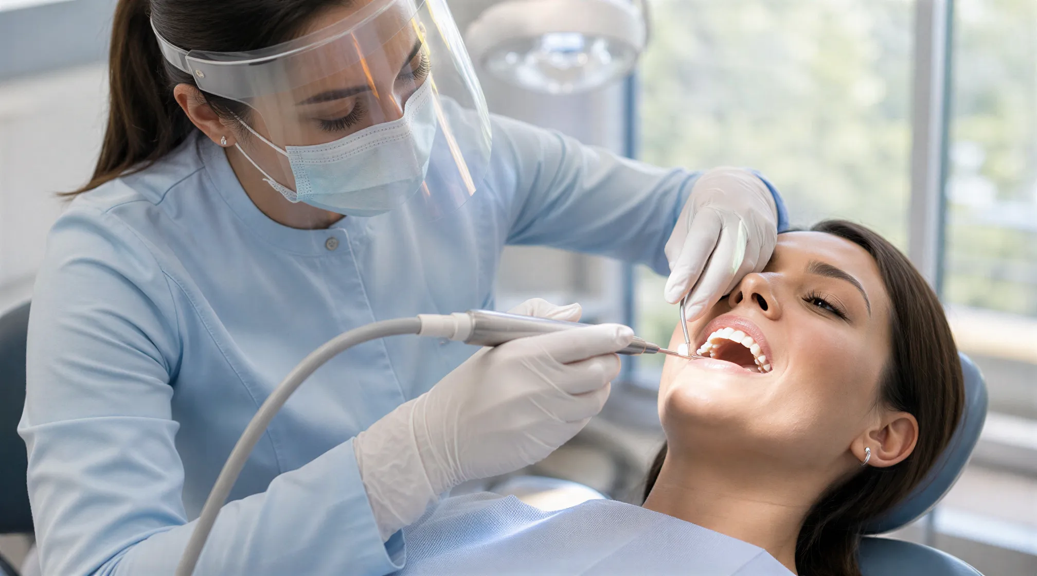 Eine Zahnärztin führt mit Instrumenten eine professionelle Zahnreinigung bei einer Patientin durch.