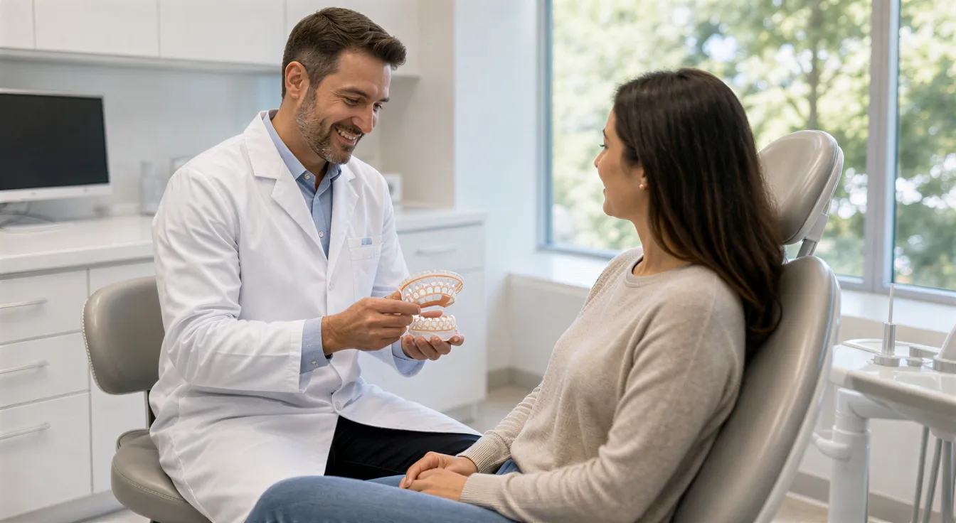 Ein Zahnarzt erklärt einem Patienten mit einem Zahnmodell einen Eingriff in einem hellen Behandlungsraum.