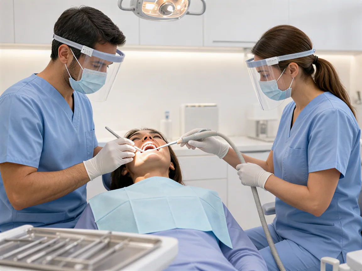 Zahnarzt und Assistentin führen eine professionelle Zahnreinigung in einem modernen Behandlungszimmer durch.