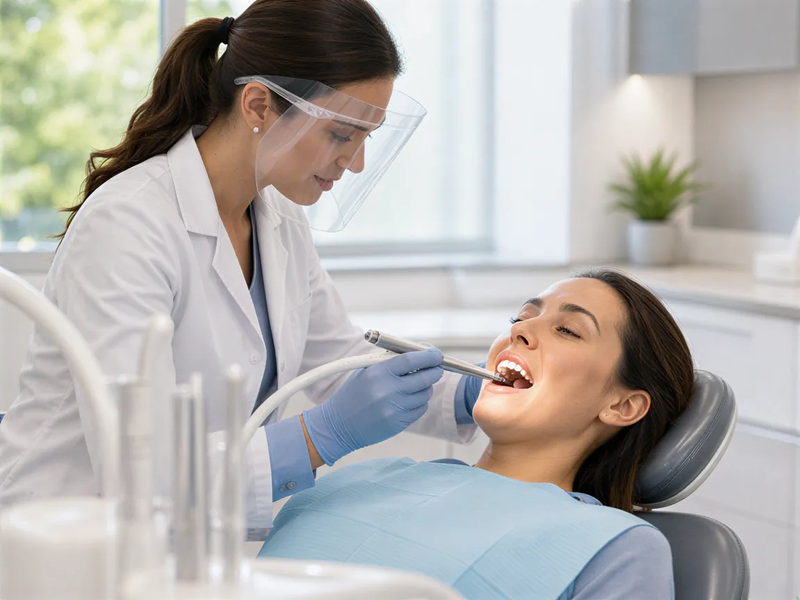Eine Zahnärztin führt mit einem modernen Ultraschallscaler eine professionelle Zahnreinigung bei einem Patienten durch.