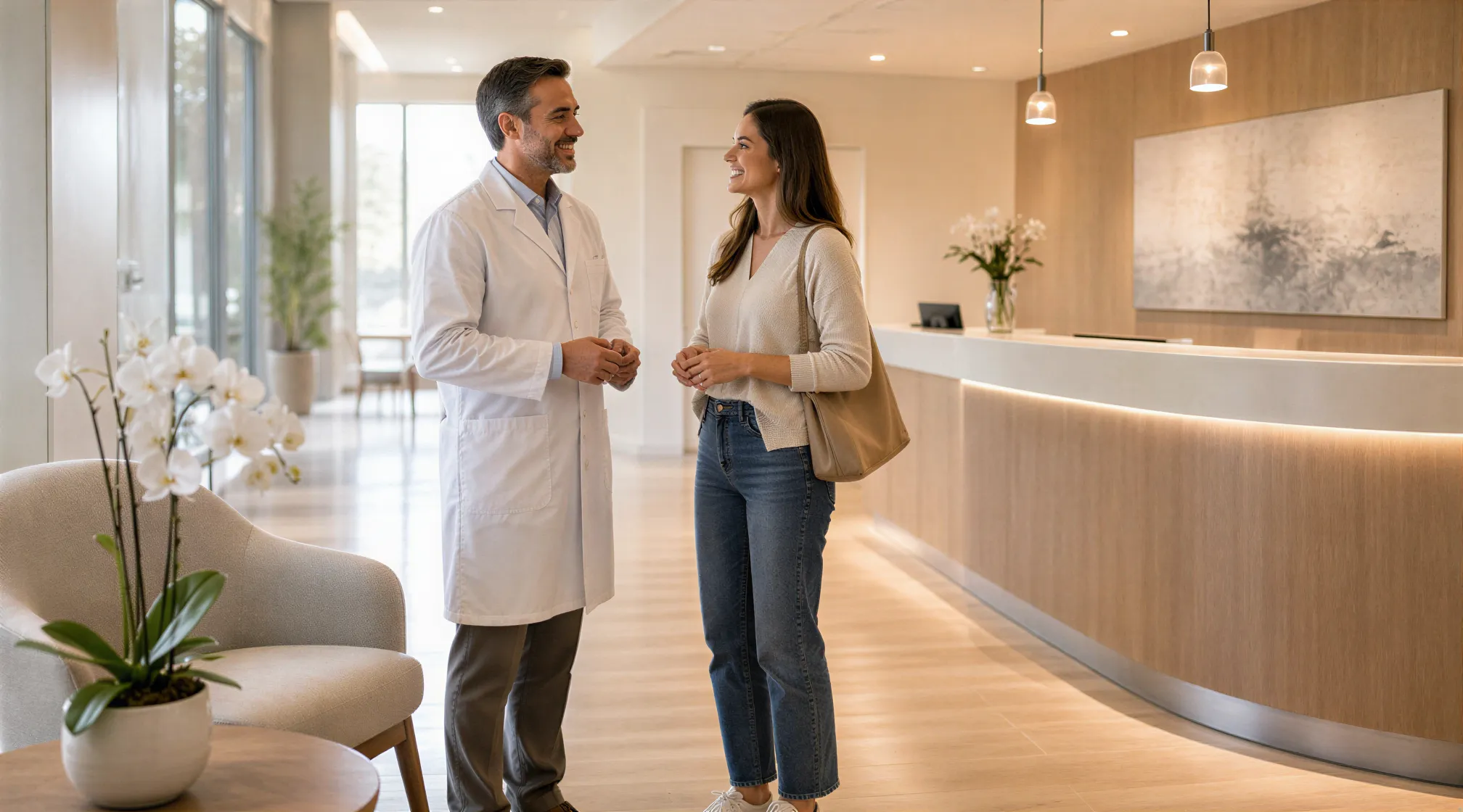 Eine Zahnärztin und eine Patientin lächeln entspannt im hellen, modernen Wartezimmer einer Zahnarztpraxis.