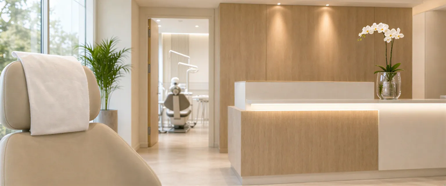 Ein moderner, heller Empfangsbereich einer Zahnarztpraxis mit Patientenstuhl und minimalistischem Empfangstresen.