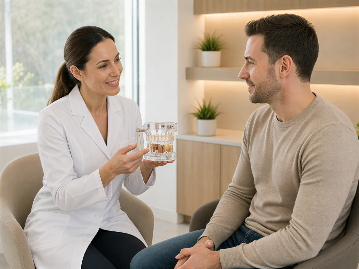 Eine Zahnärztin erklärt einem Patienten einen Behandlungsplan anhand eines transparenten Zahnmodells in einem hellen
