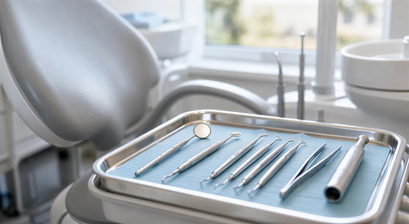 Ein leerer, moderner Zahnarztstuhl mit einem Tablett aus glänzenden, sterilisierten Instrumenten in einer ruhigen Praxis.