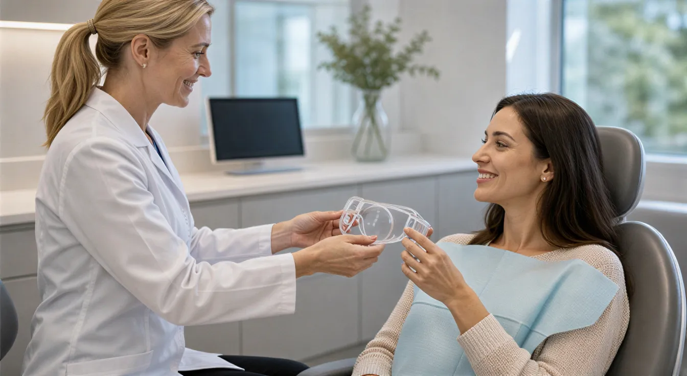 Eine Zahnärztin reicht einer entspannten Patientin eine Schutzbrille in einem hellen Behandlungsraum.