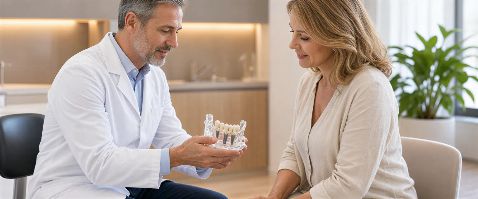 Ein Zahnarzt erklärt einer Patientin anhand eines 3D-Modells einen Zahnimplantat-Eingriff in einer modernen Praxis.