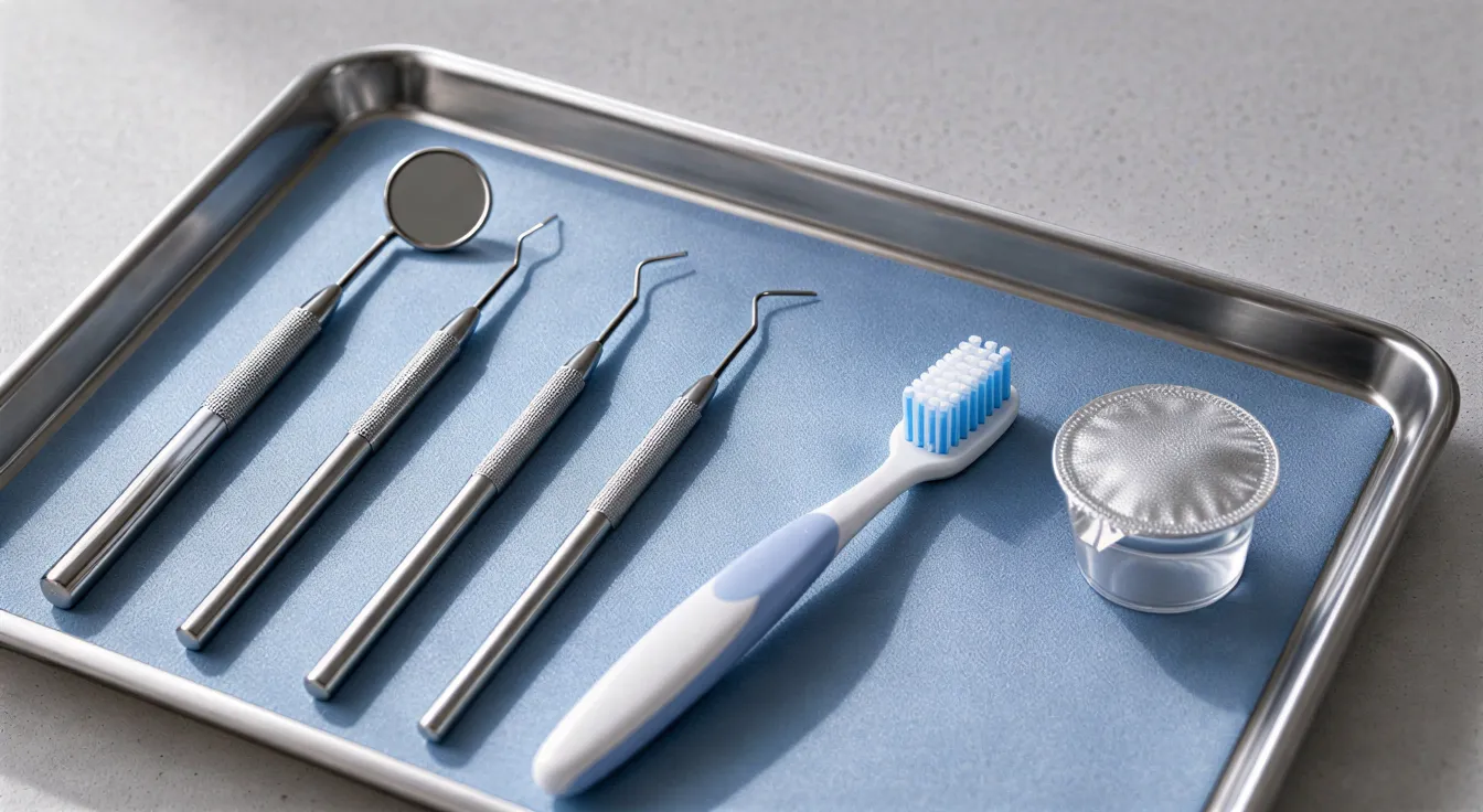 Ein zahnärztlicher Behandlungstisch mit blanken Stahlinstrumenten, einer neuen Zahnbürste und Prophylaxepaste auf einem