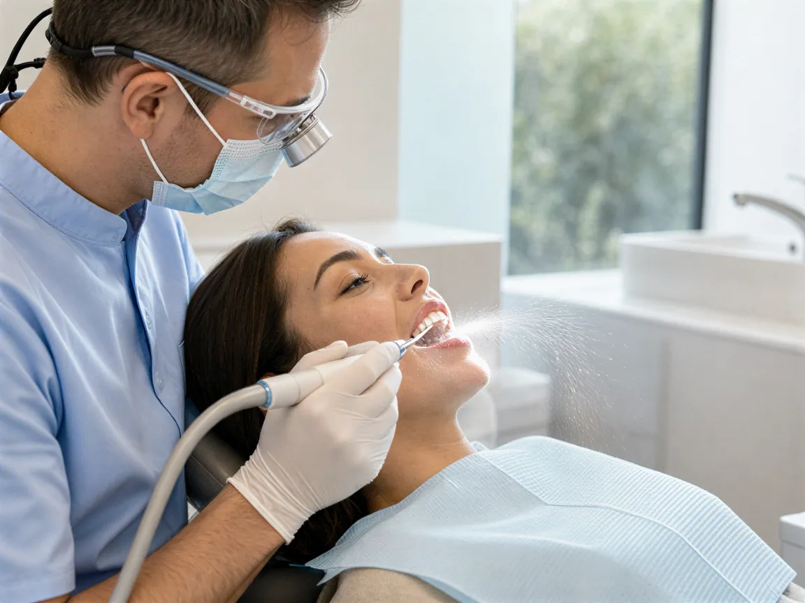 Ein Zahnarzt führt mit einem Ultraschallscaler eine professionelle Zahnreinigung bei einem Patienten durch.
