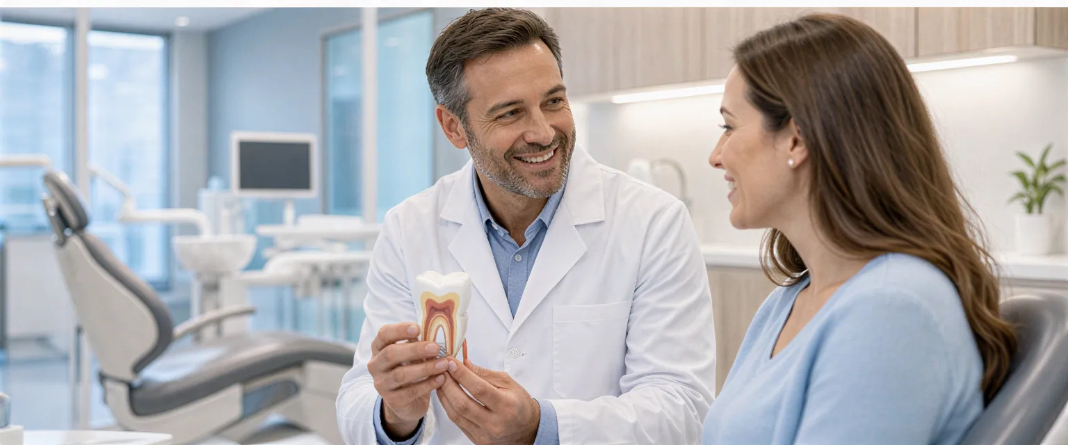 Eine Zahnärztin erklärt einem lächelnden Patienten einen Eingriff anhand eines Zahnmodells in einer modernen Praxis.