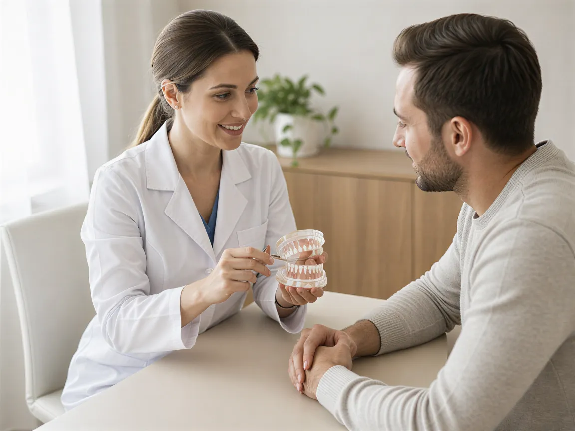 Eine Zahnärztin erklärt einem Patienten einen Eingriff an einem transparenten Kiefermodell in einem modernen Behandlungsraum.