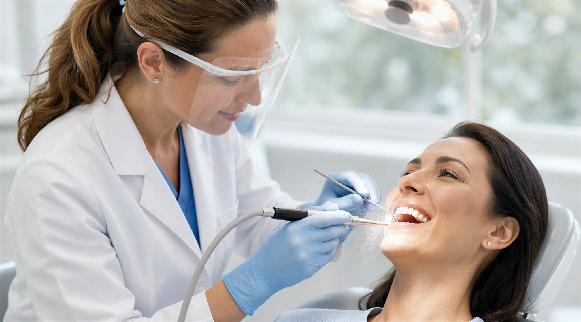 Eine Zahnärztin führt mit modernen Instrumenten eine professionelle Zahnreinigung bei einer entspannten Patientin durch.