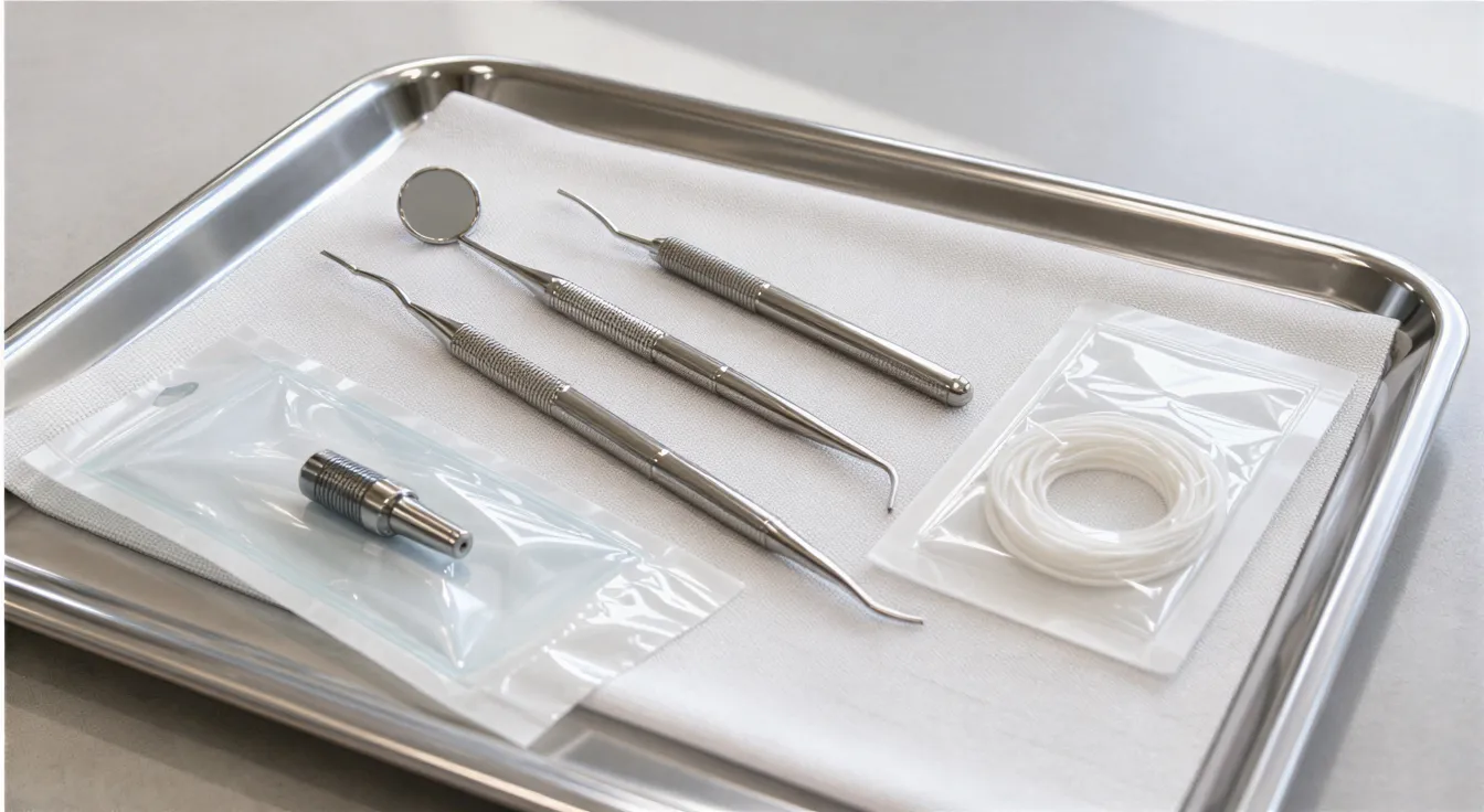 Ein modernes Dentaltablett mit sterilen Instrumenten liegt auf einem hellen Tresen in einer Behandlungspraxis.