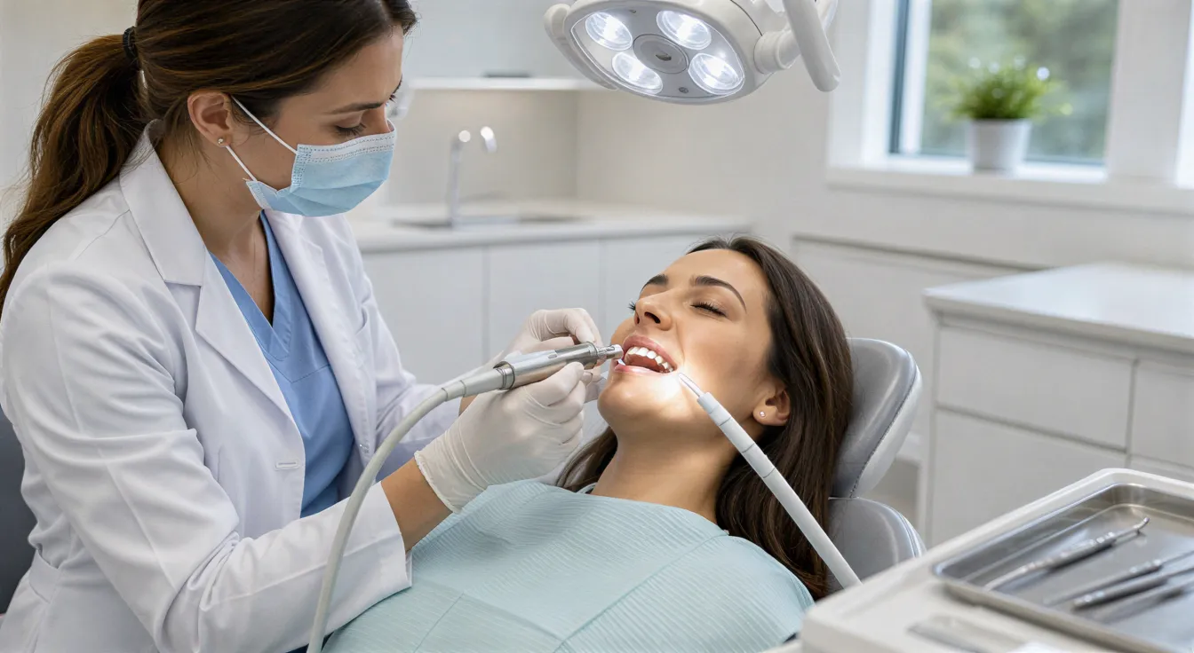 Eine Zahnärztin führt eine professionelle Zahnreinigung an einem entspannten Patienten in einem modernen Behandlungszimmer