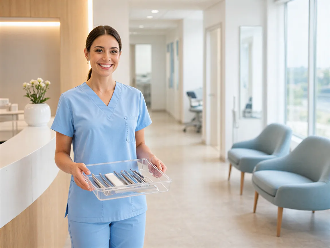 Eine Dentalhygienikerin in hellblauen Scrubs steht an einer modernen Rezeption und hält ein Tablett mit Instrumenten.
