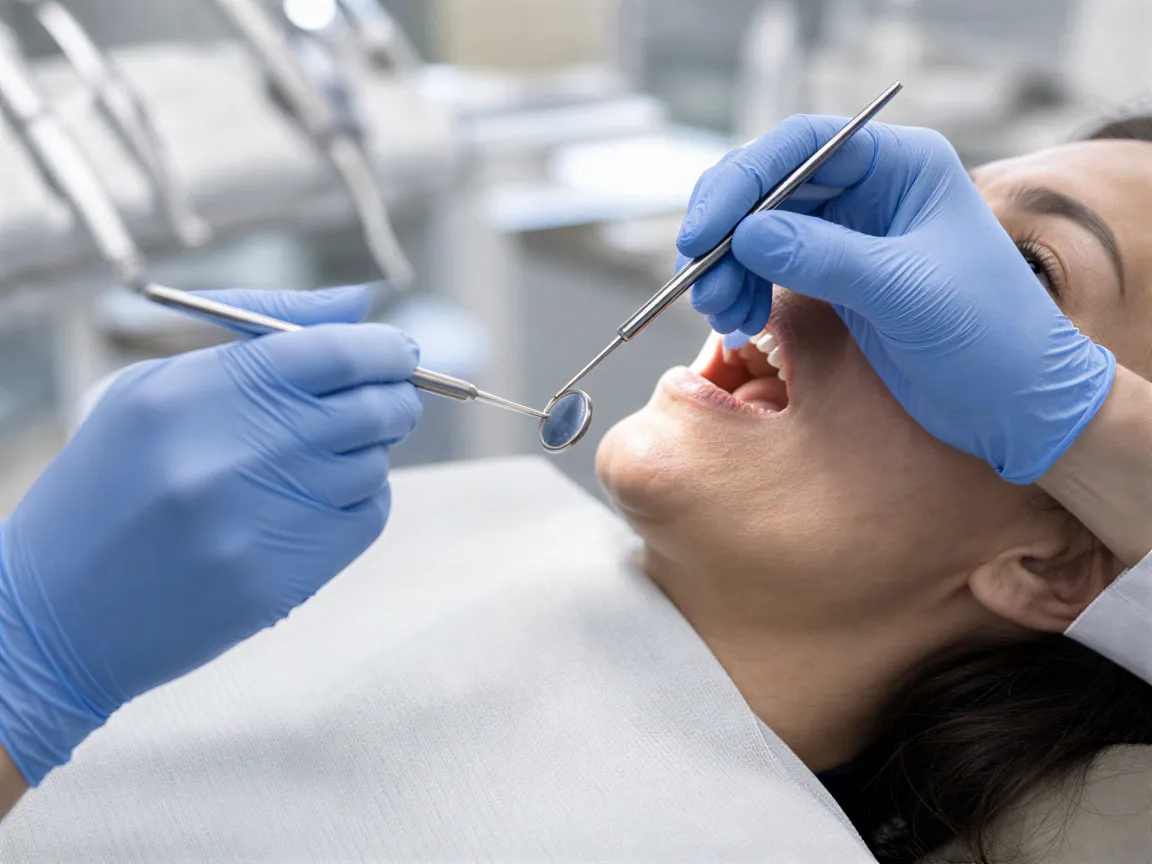 Zwei behandschuhte Hände führen eine präzise zahnärztliche Behandlung im Mund eines Patienten durch.