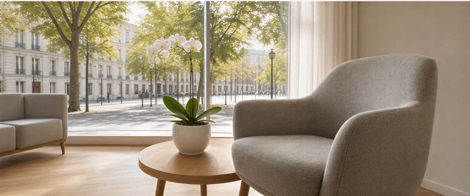 Ein minimalistischer Wartebereich einer Zahnarztpraxis mit grauem Sessel, Orchidee und Blick auf eine ruhige, baumgesäumte