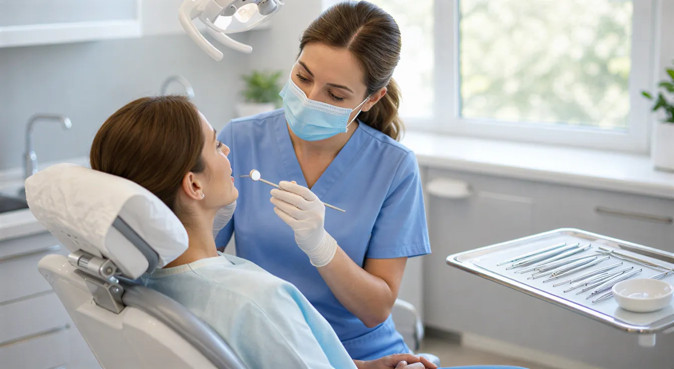 Eine freundliche Zahnärztin in blauen Kitteln untersucht eine Patientin in einem hellen, modernen Behandlungszimmer.