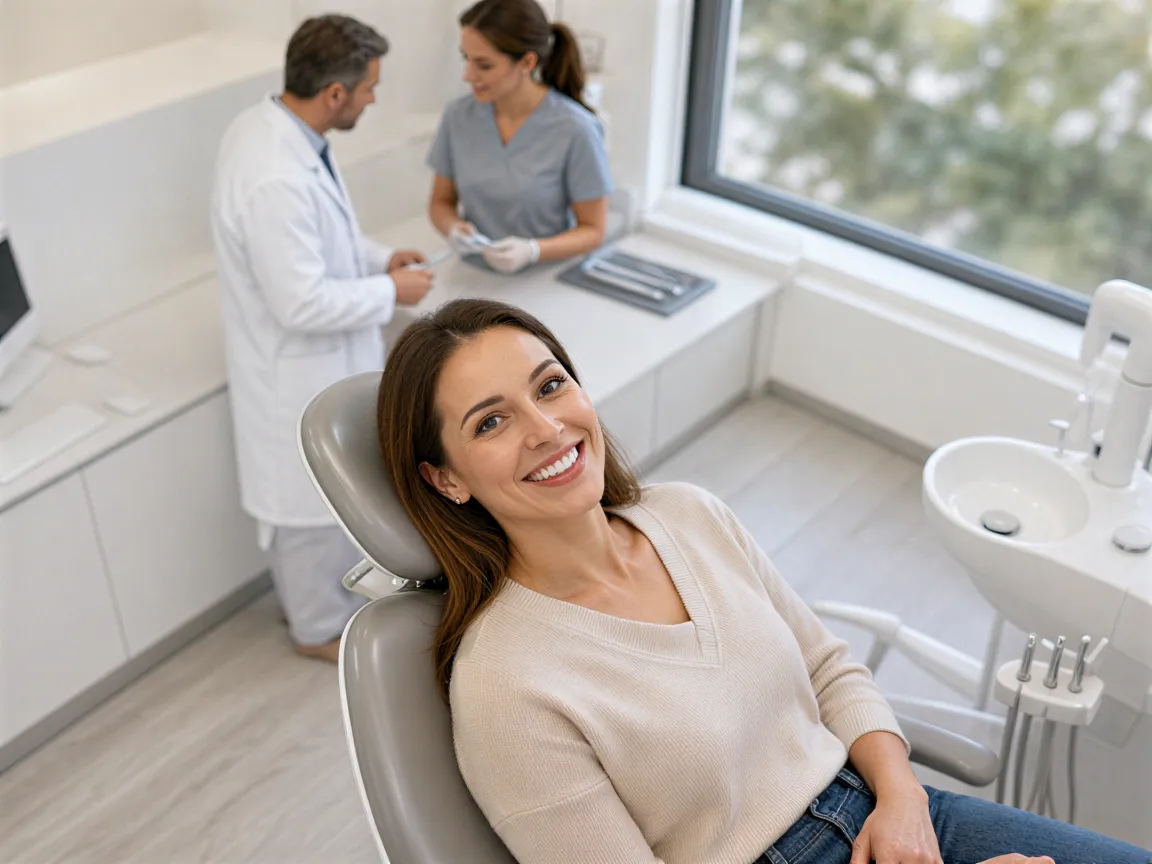 Eine Patientin lächelt in einem modernen Behandlungszimmer, während Zahnarzt und Assistentin im Hintergrund beraten.
