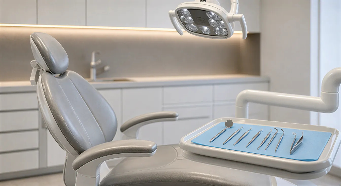 Ein moderner Zahnarztstuhl in einem hygienischen Behandlungszimmer mit sterilen Instrumenten auf einem Tablett.