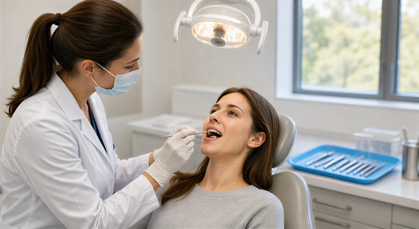 Eine Zahnärztin untersucht eine Patientin in einem modernen Behandlungszimmer mit geordneten Instrumenten.
