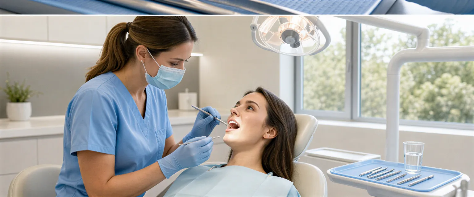 Eine Zahnärztin in hellblauen Kleidung untersucht konzentriert die Zähne eines Patienten in einem modernen Behandlungszimmer.