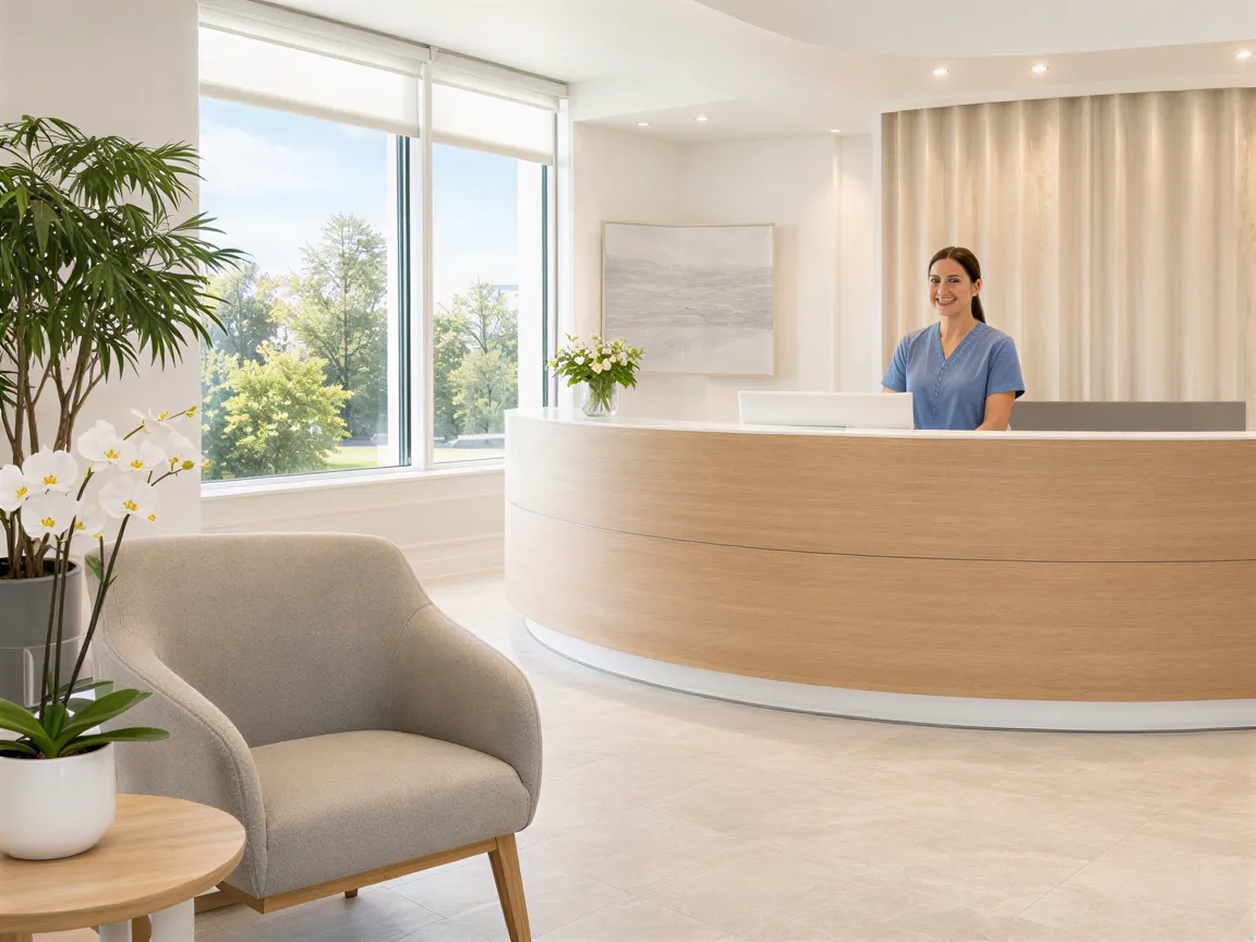 Ein moderner Zahnarzt-Empfangsbereich mit grauem Patientenstuhl, Empfangstheke und großen Fenstern.