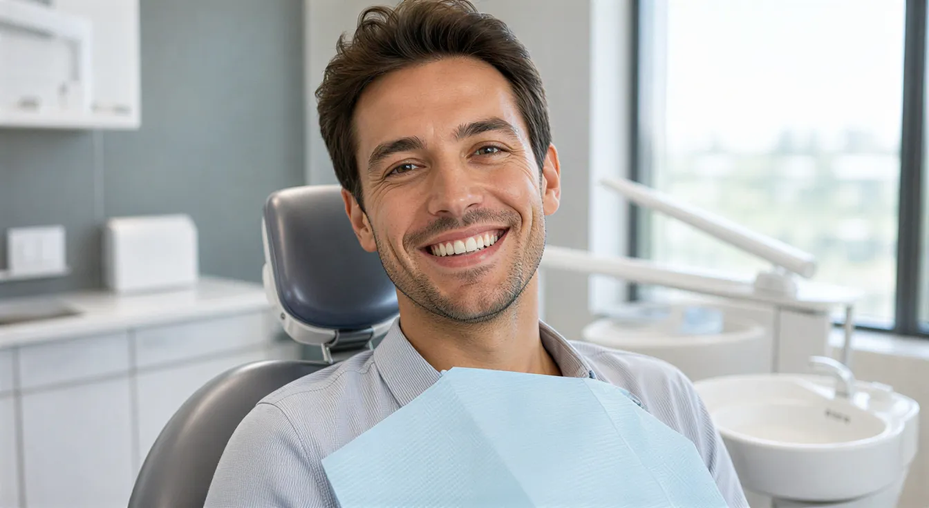 Eine Patientin lächelt in einem modernen Zahnarztbehandlungsraum mit einem großen Fenster und minimalistischer Einrichtung.