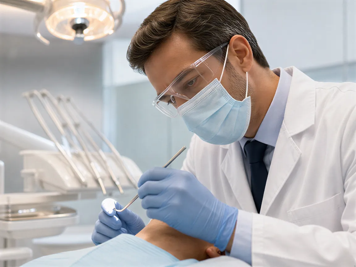 Ein Zahnarzt in blauer Maske untersucht sorgfältig einen Patienten auf dem modernen Behandlungstuhl.