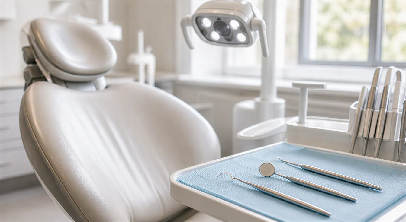 Ein moderner, leerer Zahnarztstuhl mit einer Dentalleuchte und Instrumenten auf einem Tablett in einem sterilen