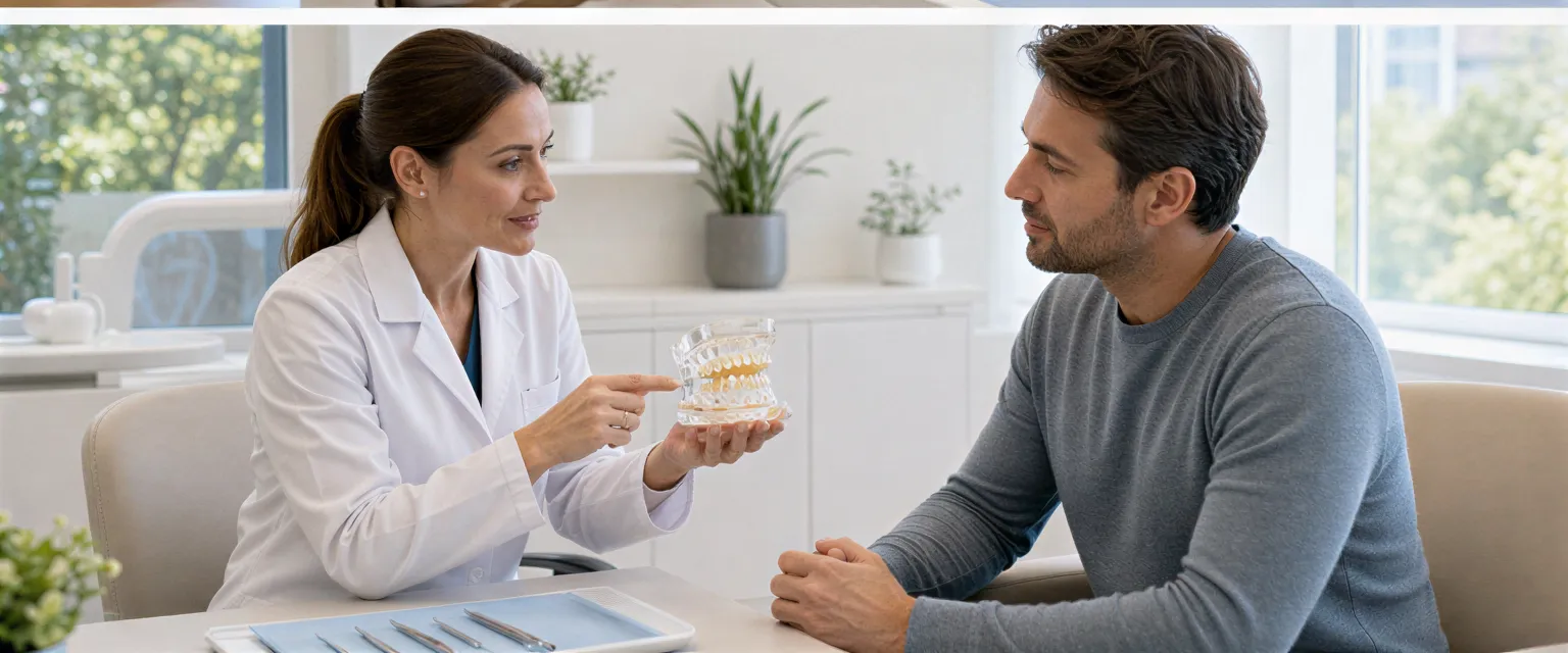 Eine Zahnärztin erklärt einem Patienten mit einem Gebissmodell den Behandlungsplan in einem hellen Behandlungszimmer.